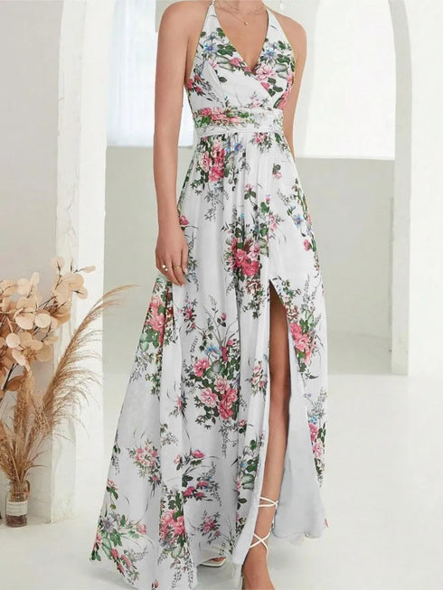 Elegant Flower Print Chiffon Dress for Women - Sexy Halter V Neck Backless Long Summer Fashion Party Dress